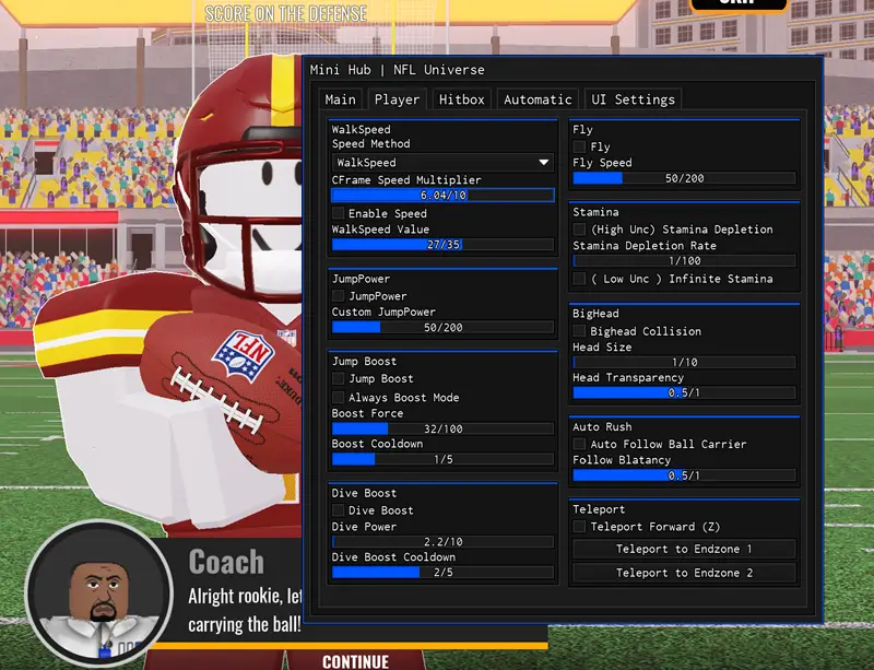 Mini Hub Script for NFL Universe Football   – Ball Speed Control, Aimbot